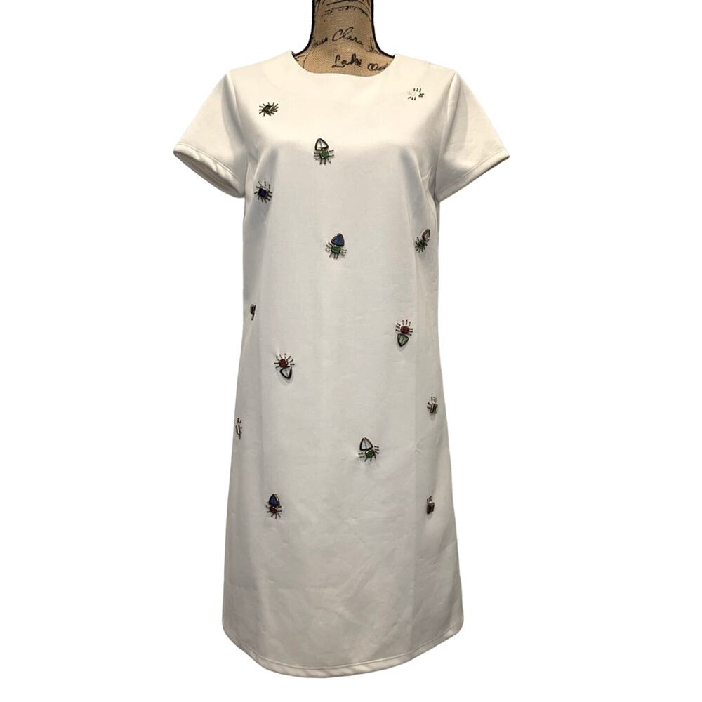 Catherine Malandrino Embroidered Dress Off-White Knee-Length Short Sleeve Size M